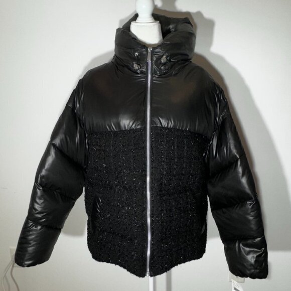 NWT BCBG MAX AZRIA Black Tweed Padded Zip Up Hooded Coat - XL - Picture 2 of 10